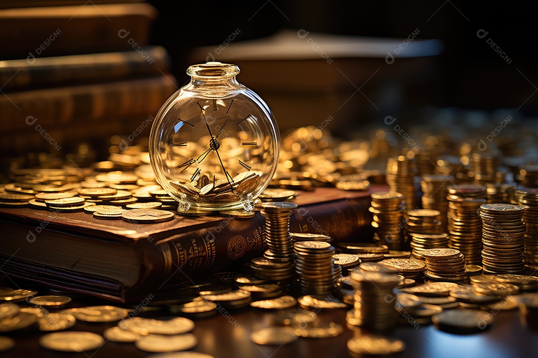 Contrastes financeiros Dinheiro sobre livros, ampulheta de moedas, labirinto de cifrões.