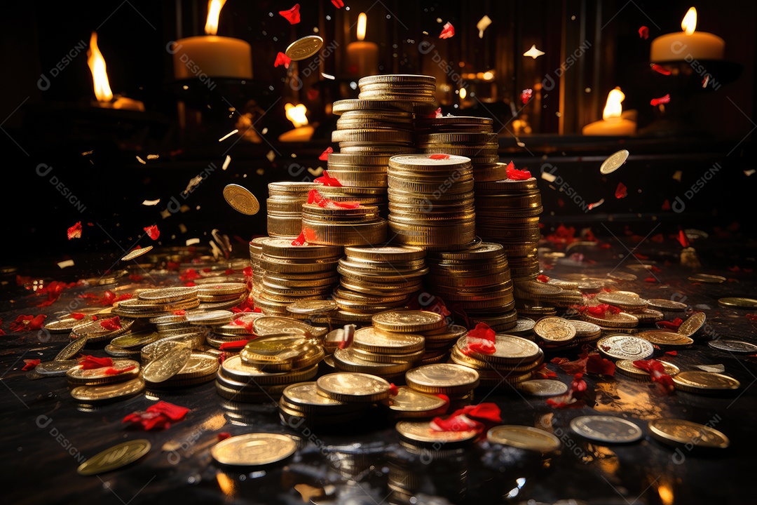 Riqueza reluzente pilha de moedas e notas com fita vermelha.