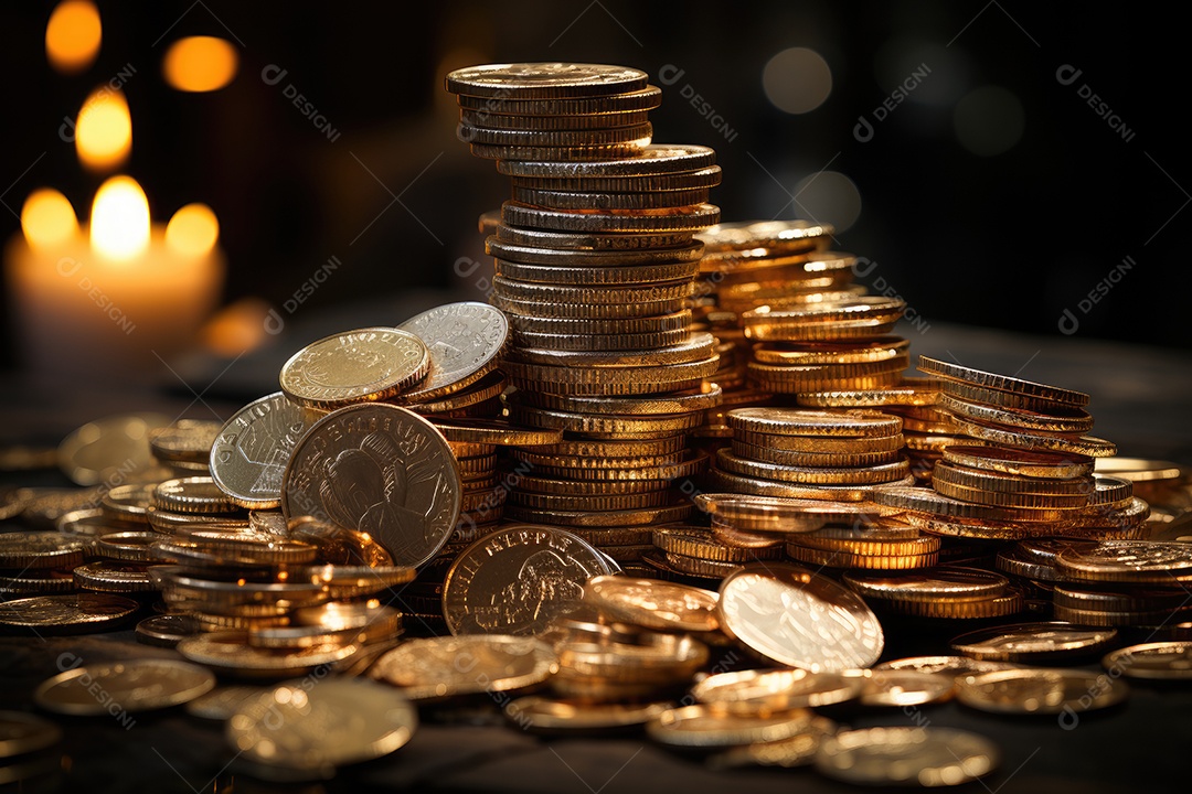 Riqueza reluzente pilha de moedas e notas com fita vermelha.