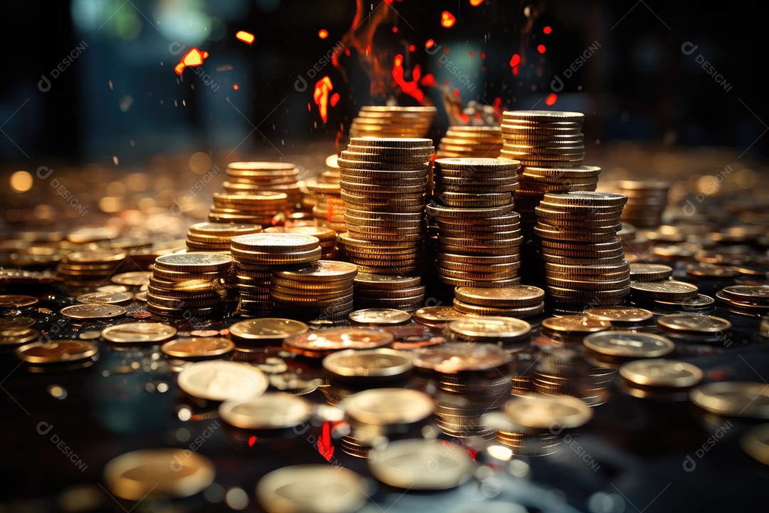 Riqueza reluzente pilha de moedas e notas com fita vermelha.