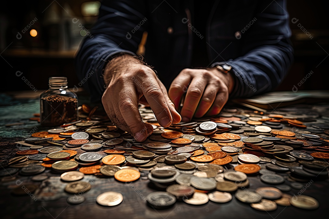 Agitação financeira Pilha caótica de dinheiro, mãos ansiosas, gráficos ao fundo.