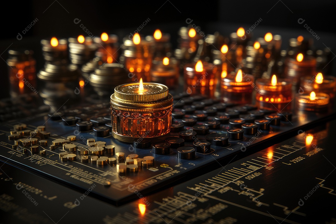 Gráficos financeiros, cifrões e cofre simbolizam o tema das finanças.