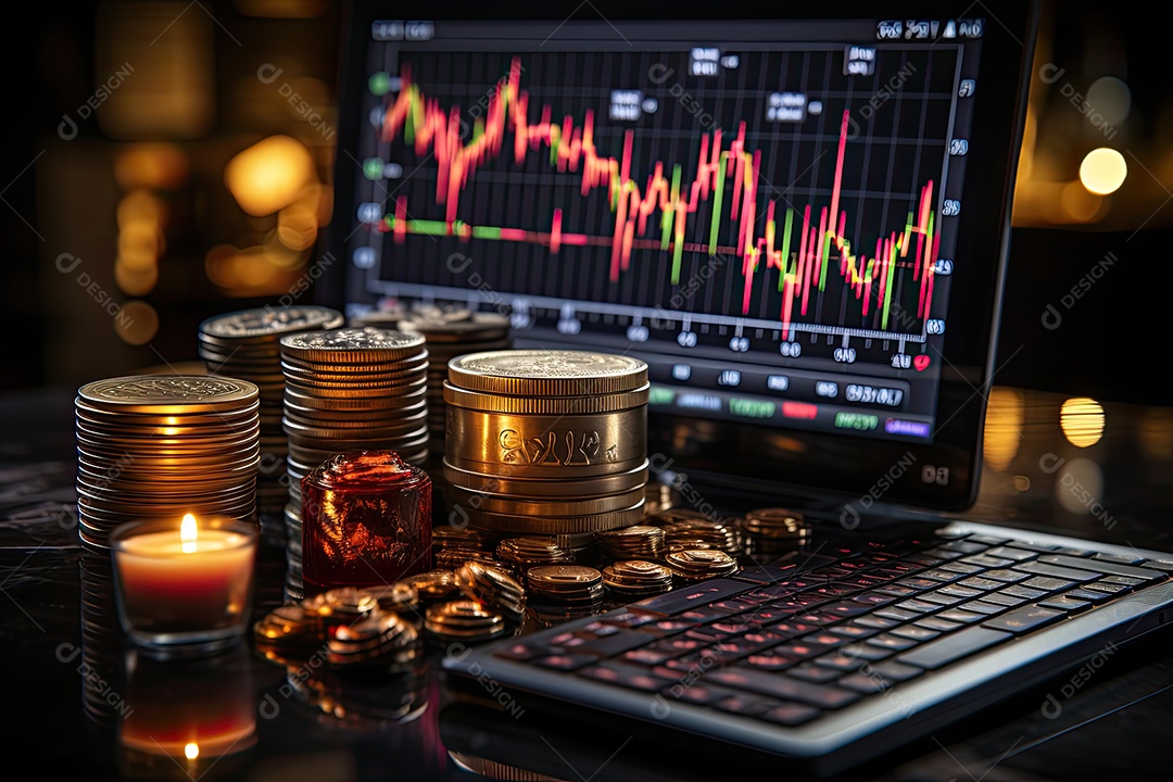 Gráficos financeiros, cifrões e cofre simbolizam o tema das finanças.