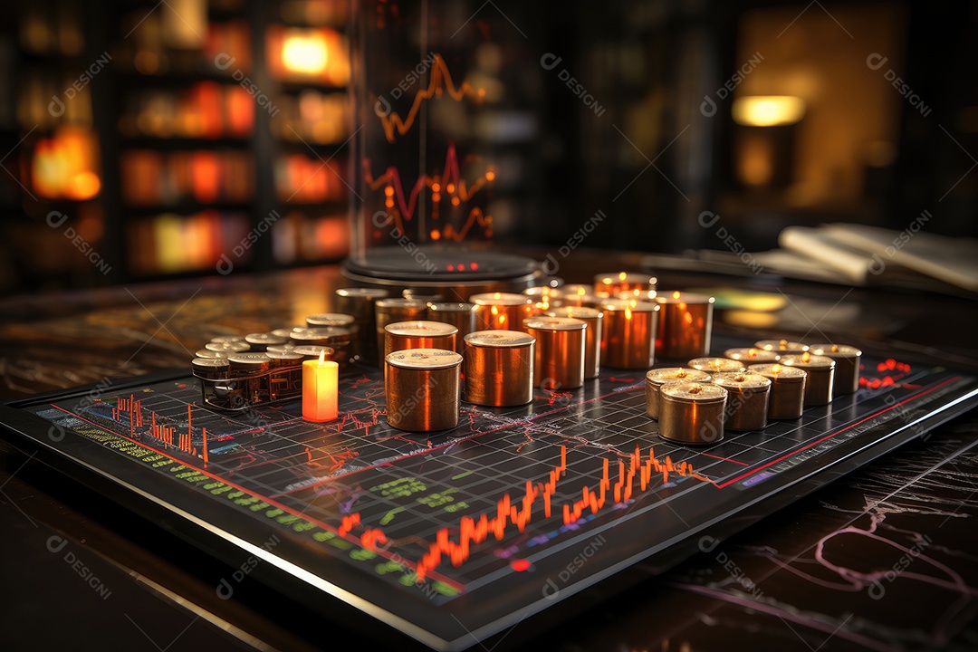 Gráficos financeiros, cifrões e cofre simbolizam o tema das finanças.