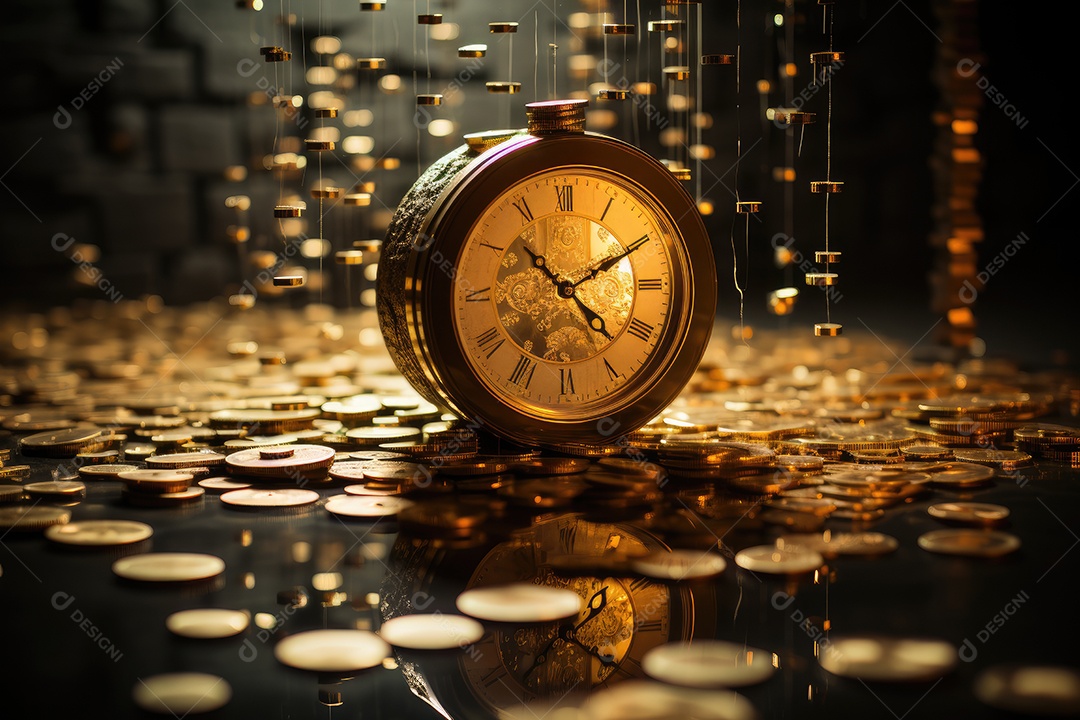 Cofre de moedas douradas sob luz âmbar, gráficos esculpidos, relógio de bolso.