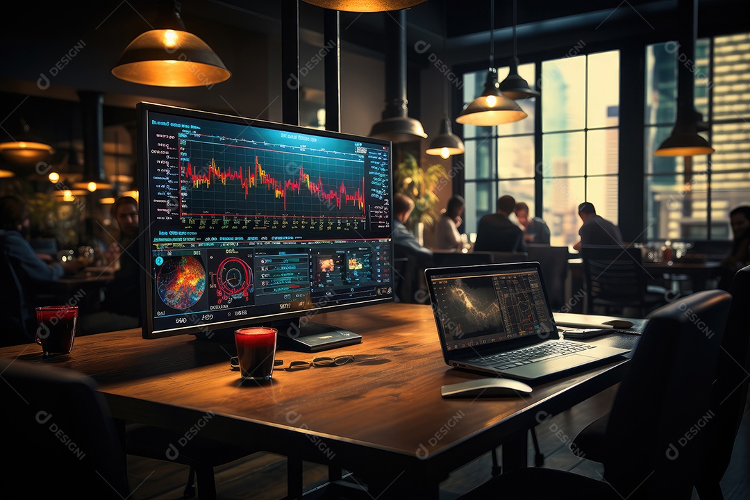 Executivos discutem finanças diante de gráficos holográficos.