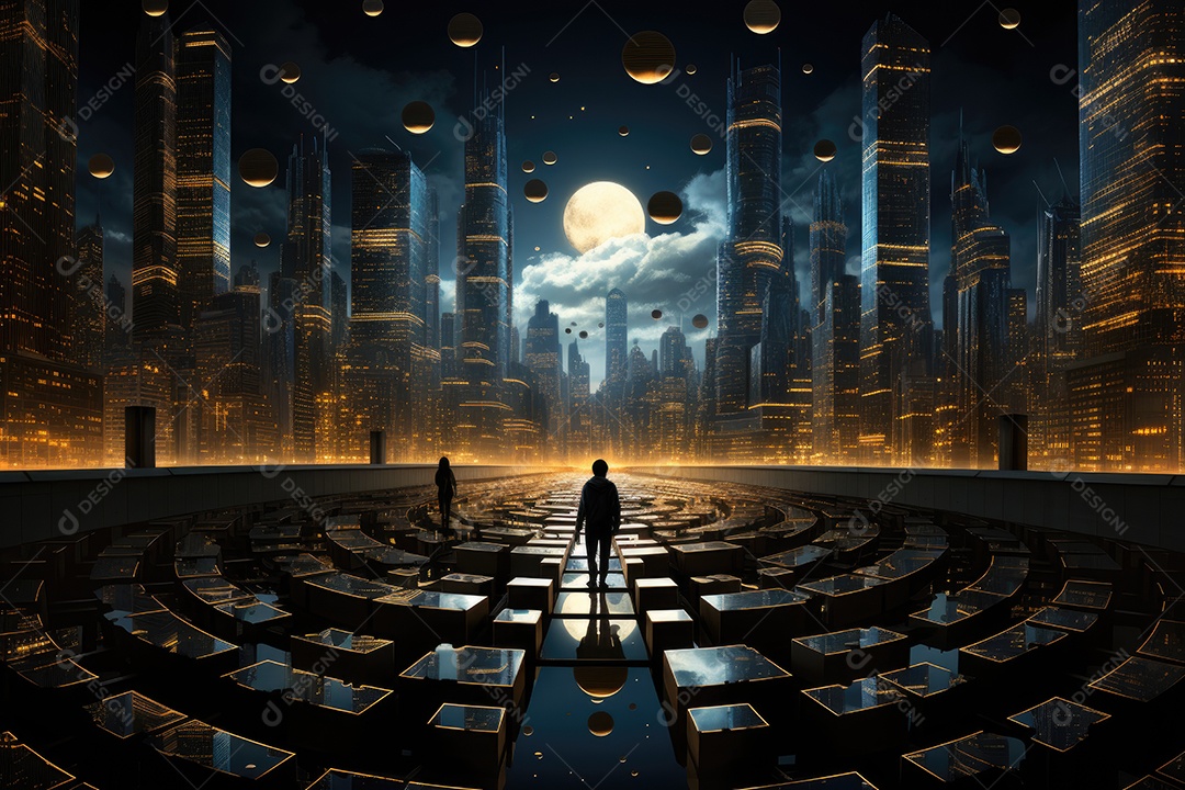 Labirinto de moedas e gráficos em cidade noturna financeira.