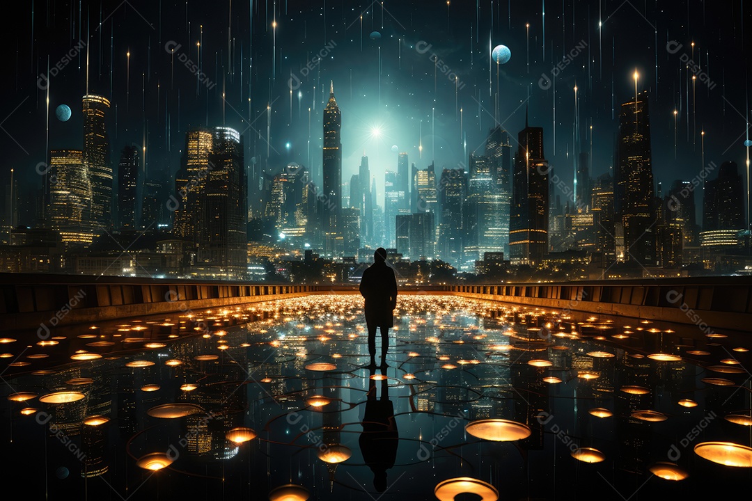 Trader rodeado por gráficos em cidade refletida na água estrelada.