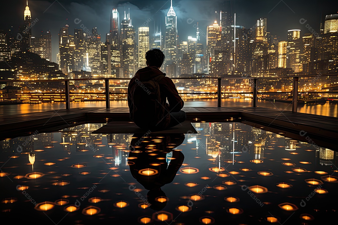 Trader rodeado por gráficos em cidade refletida na água estrelada.