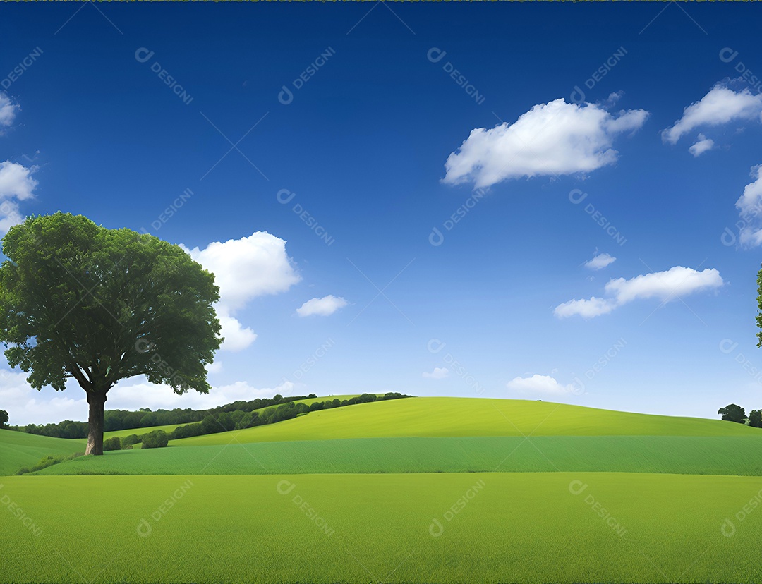 Árvores no campo verdes e céu azul com nuvens