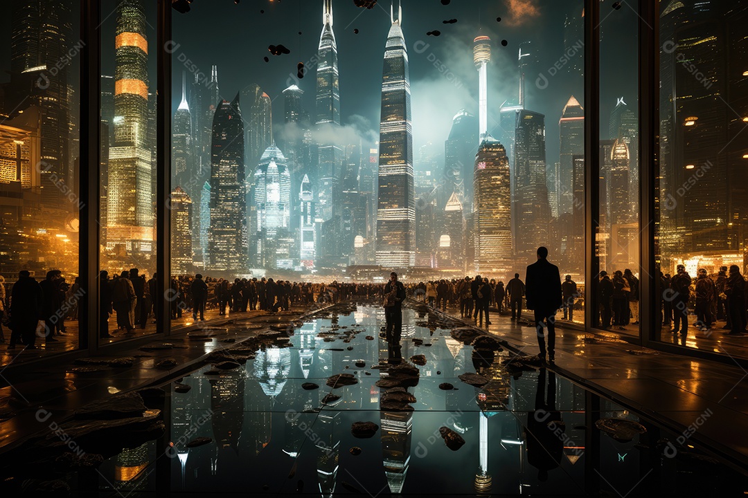 Cenário urbano noturno finanças, arranha-céus, multidões e contrastes.