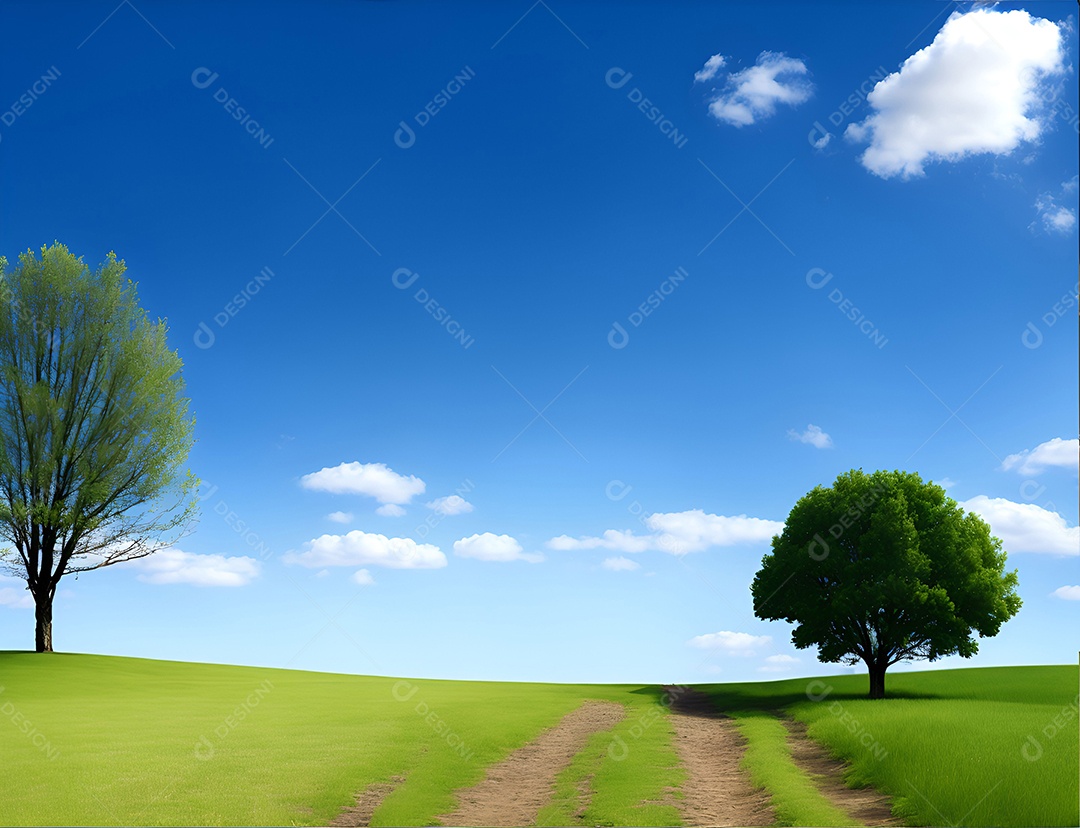 Árvores no campo verdes e céu azul com nuvens