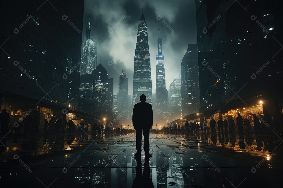 Cenário urbano noturno finanças, arranha-céus, multidões e contrastes.