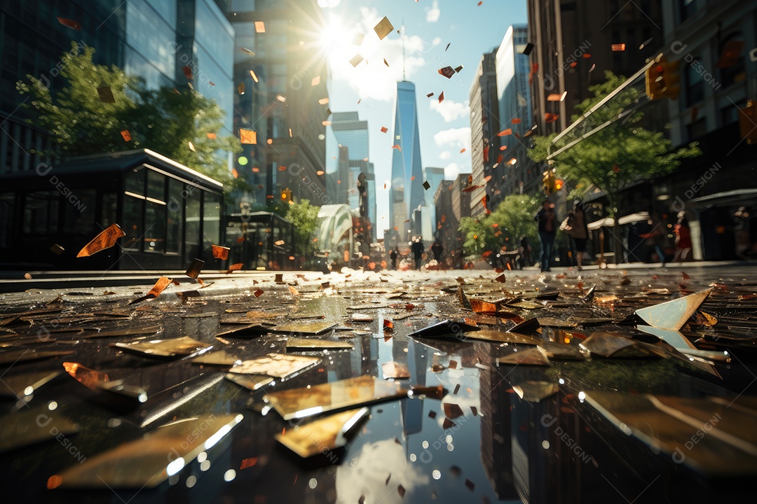 Arranha-céu reflete dinamismo financeiro em multidão apressada e gráficos, notas dançantes.