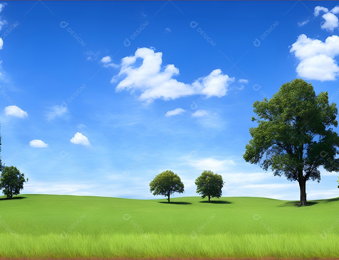 Árvores no campo verdes e céu azul com nuvens