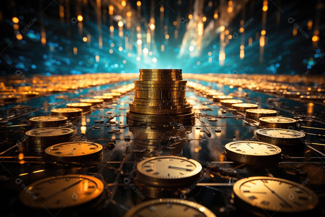 Metrópole de dados Moedas brilham, gráficos se entrelaçam. O relógio cósmico reina.