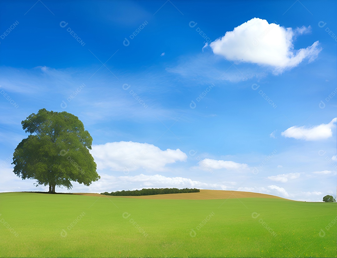 Linda grama verde com árvores e céu distante e nuvens