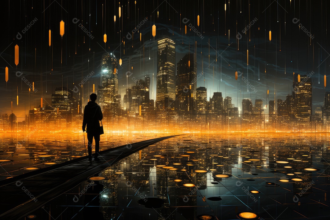 Metrópole numérica de cifrões, gráficos e pessoas em trajes de cálculos.