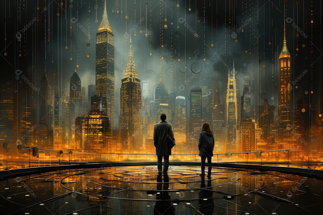 Metrópole numérica de cifrões, gráficos e pessoas em trajes de cálculos.