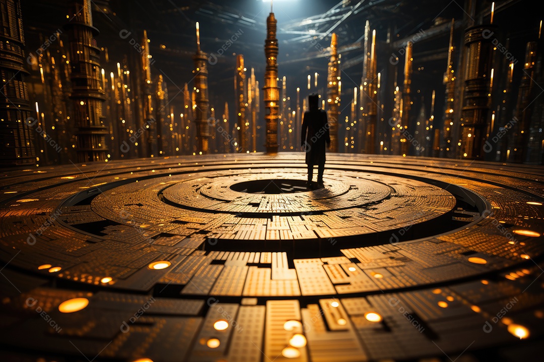 Metrópole numérica de cifrões, gráficos e pessoas em trajes de cálculos.