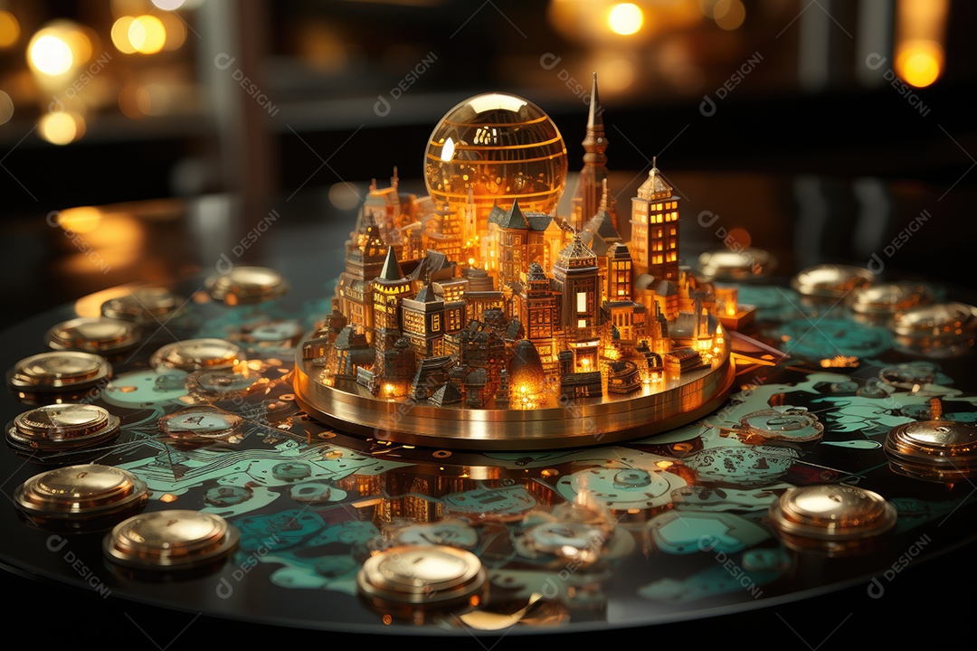 Cidade de cristal emerge de dinheiro, gráficos e árvores de ações.