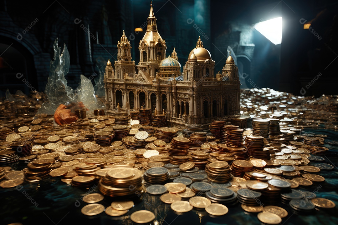 Cidade de cristal emerge de dinheiro, gráficos e árvores de ações.