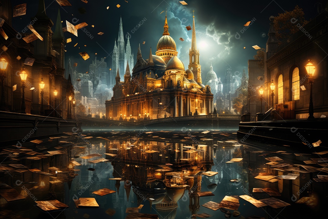 Cidade de cristal emerge de dinheiro, gráficos e árvores de ações.