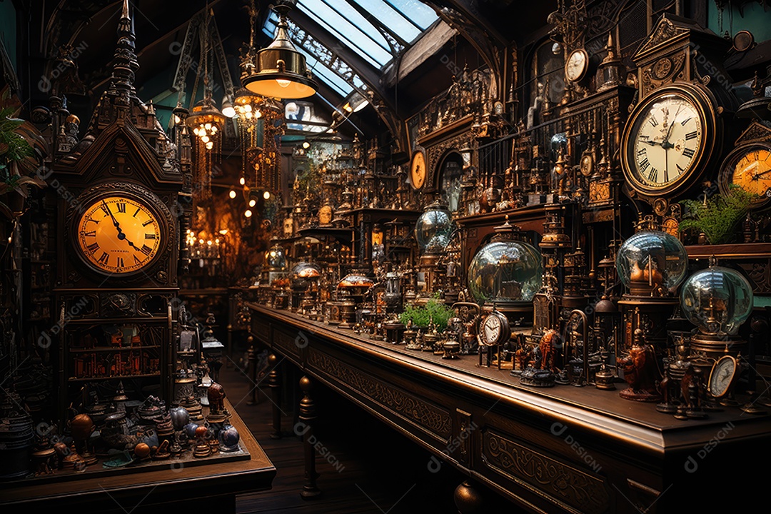 Loja pitoresca em galeria com vitrais, artefatos curiosos e atmosfera nostálgica.