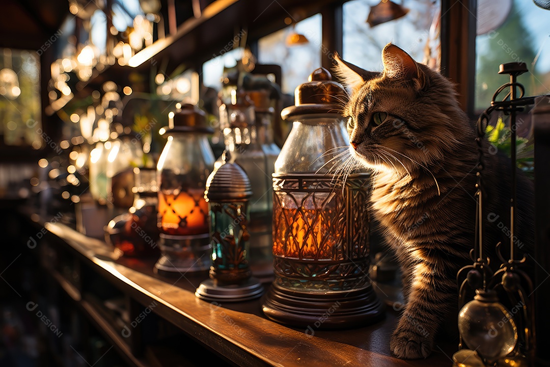 Loja pitoresca em galeria com vitrais, artefatos curiosos e atmosfera nostálgica.