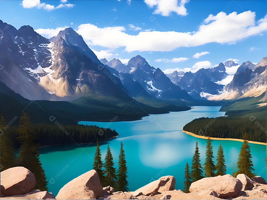 Paisagem padrão de um lago cercado por montanhas