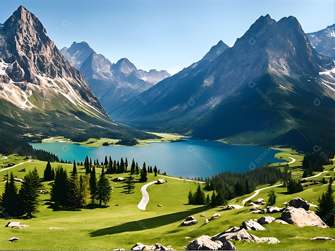 Paisagem padrão de um lago cercado por montanhas