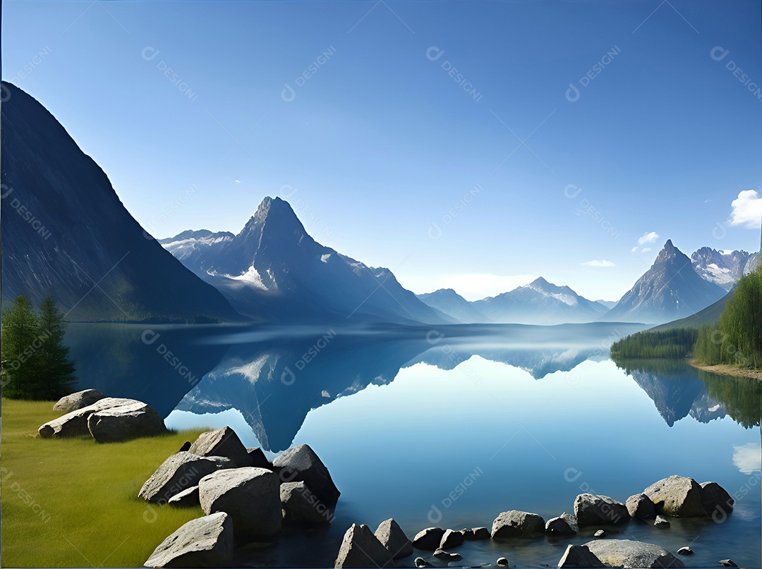Paisagem padrão de um lago cercado por montanhas
