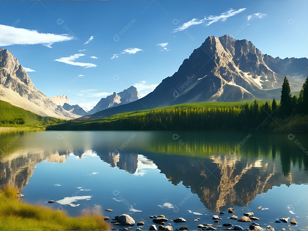 Paisagem padrão de um lago cercado por montanhas