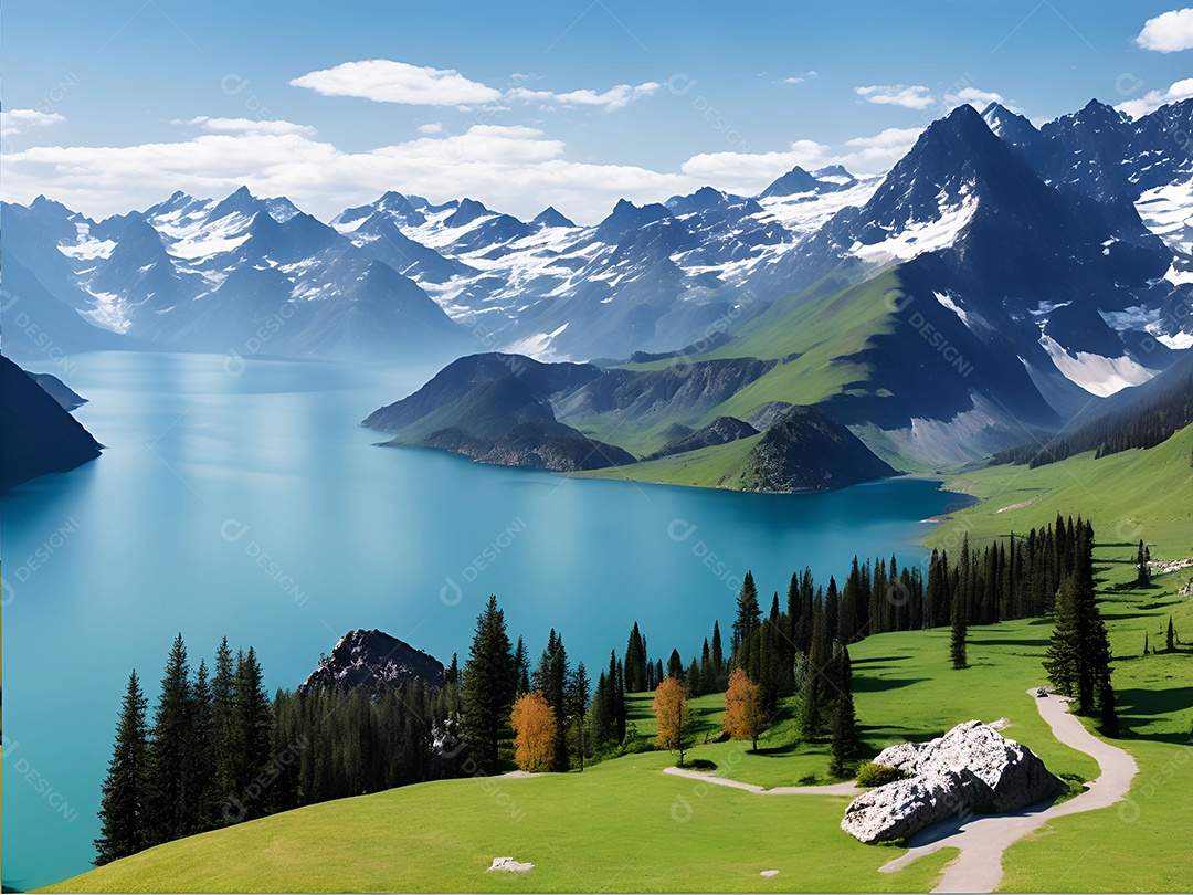 Paisagem padrão de um lago cercado por montanhas