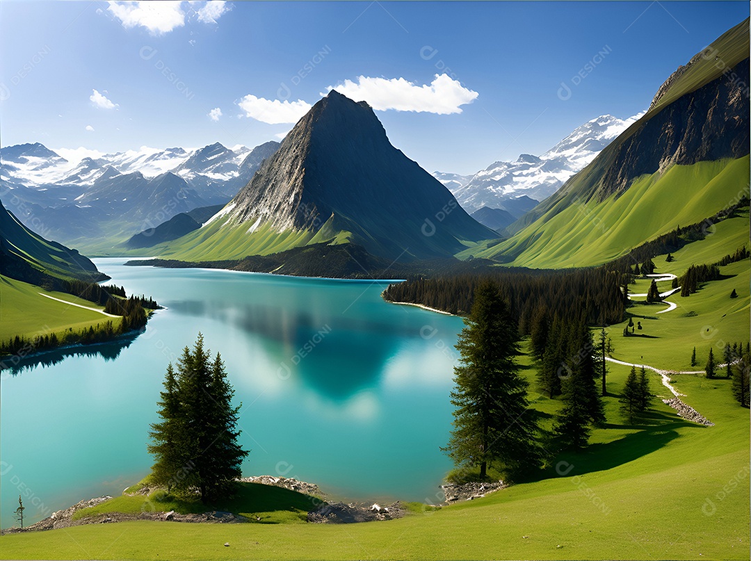 Paisagem padrão de um lago cercado por montanhas