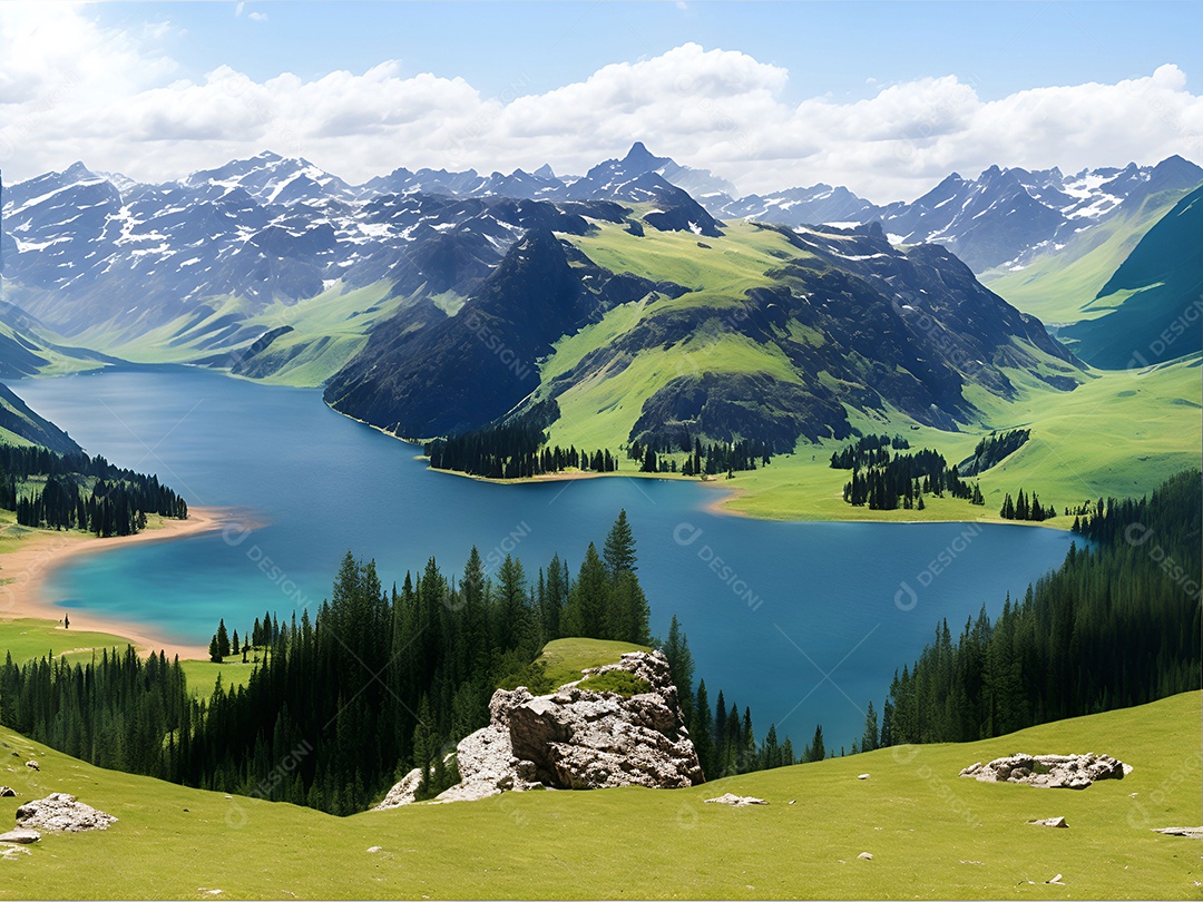 Paisagem padrão de um lago cercado por montanhas