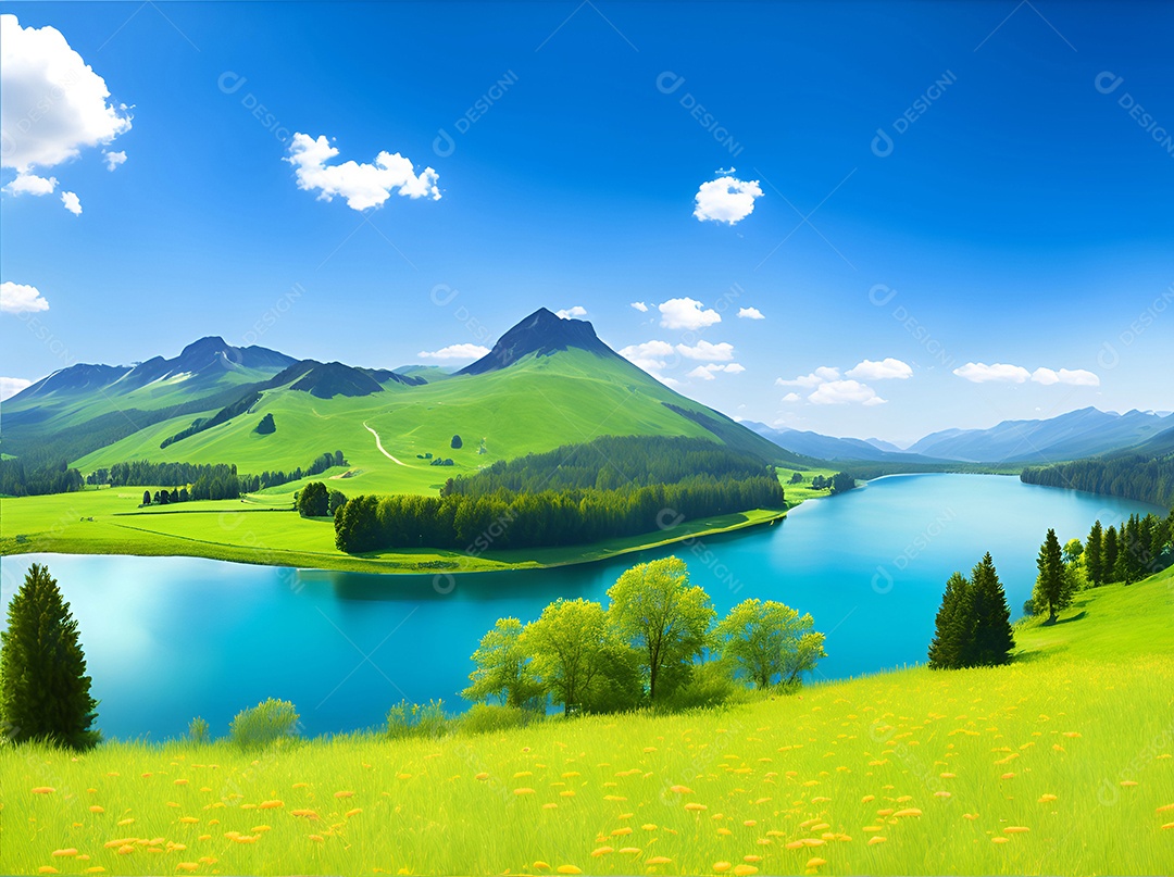 Paisagem padrão de um lago cercado por montanhas