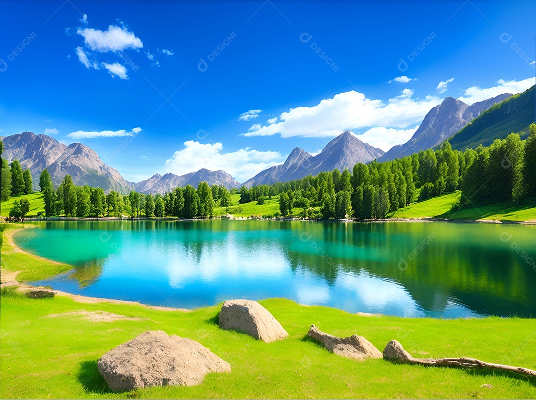 Paisagem padrão de um lago cercado por montanhas