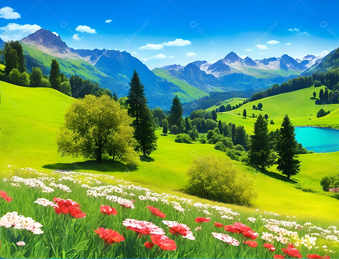 Paisagem padrão de um lago cercado por montanhas