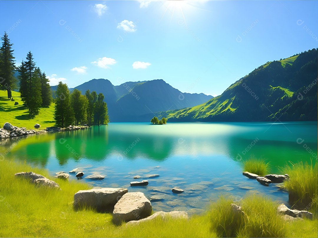 Paisagem padrão de um lago cercado por montanhas