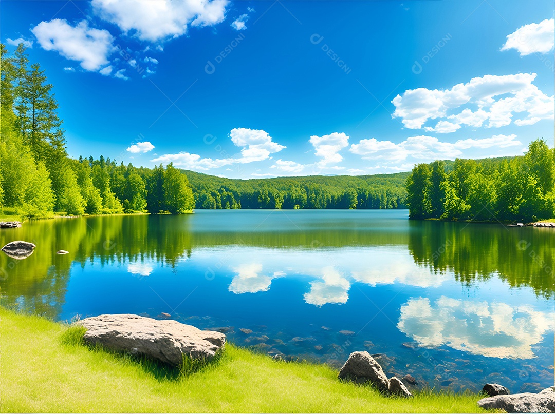 Paisagem padrão de um lago cercado por montanhas