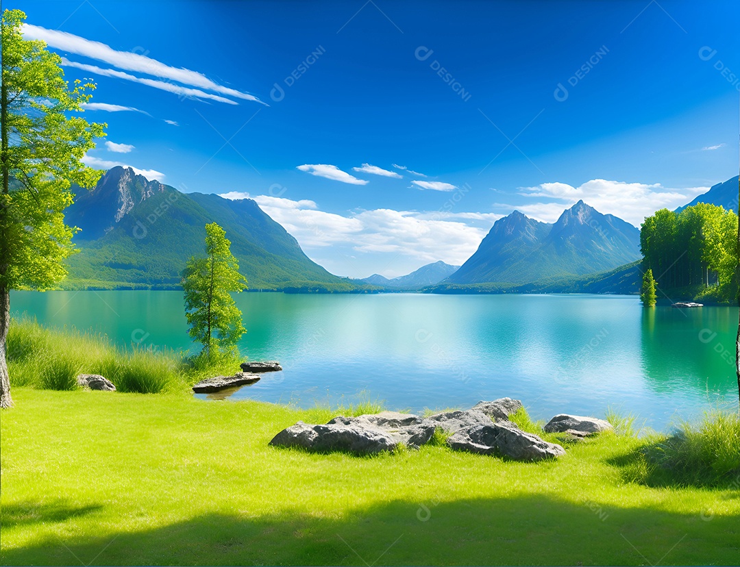 Paisagem padrão de um lago cercado por montanhas