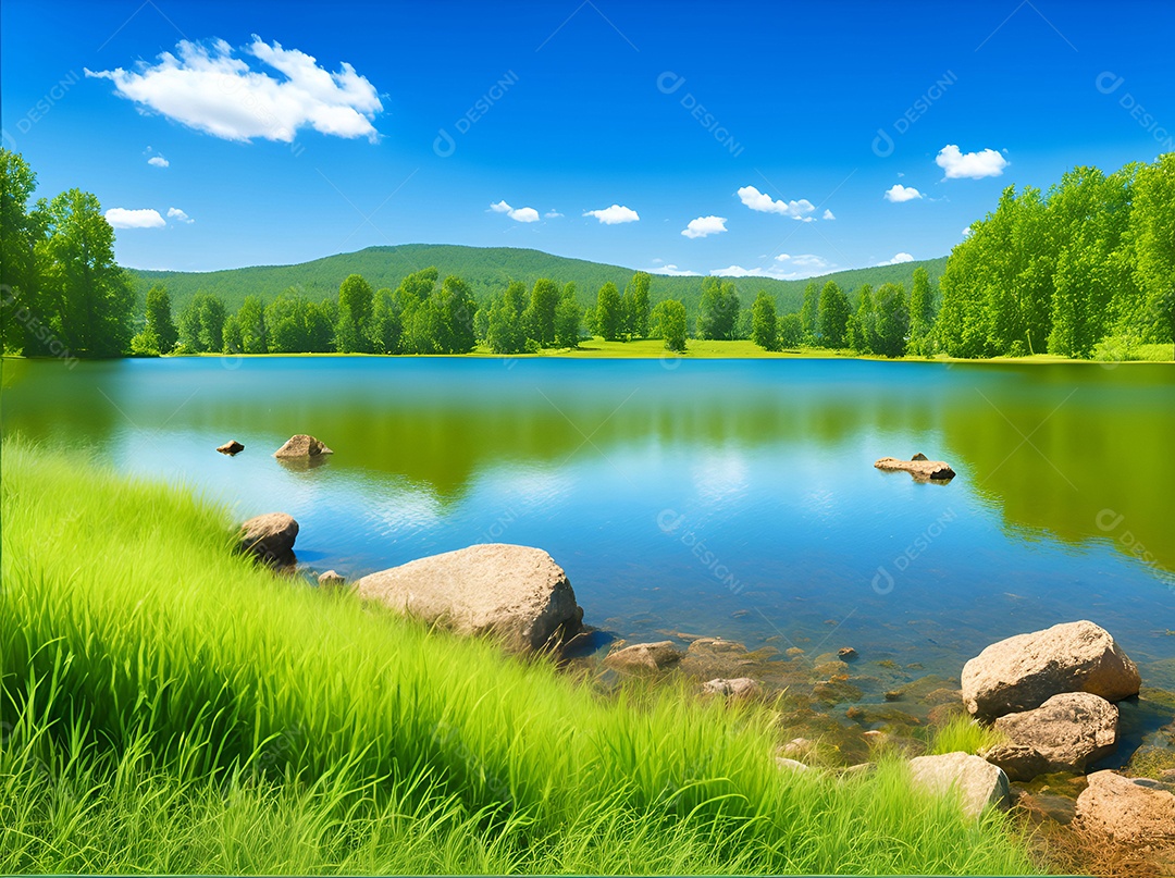 Paisagem padrão de um lago cercado por montanhas