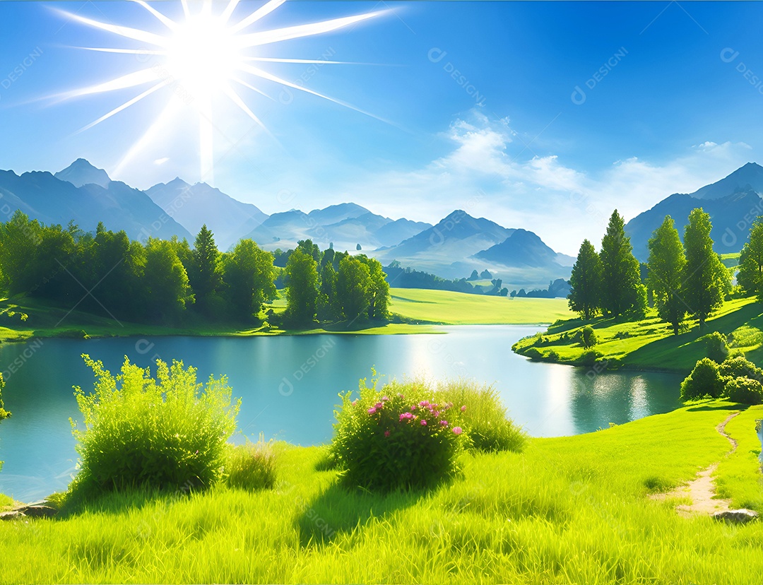 Paisagem padrão de um lago cercado por montanhas