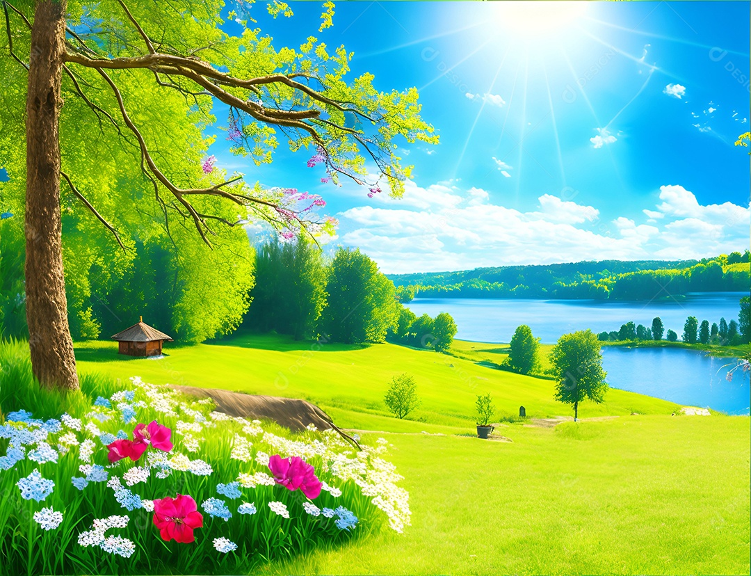 Paisagem padrão de um lago cercado por montanhas