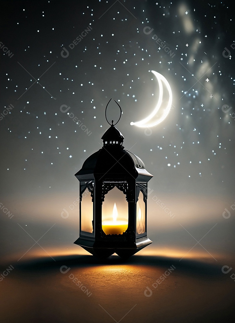 Uma lanterna islâmica E as estrelas estão brilhando no céu Cinza escuro