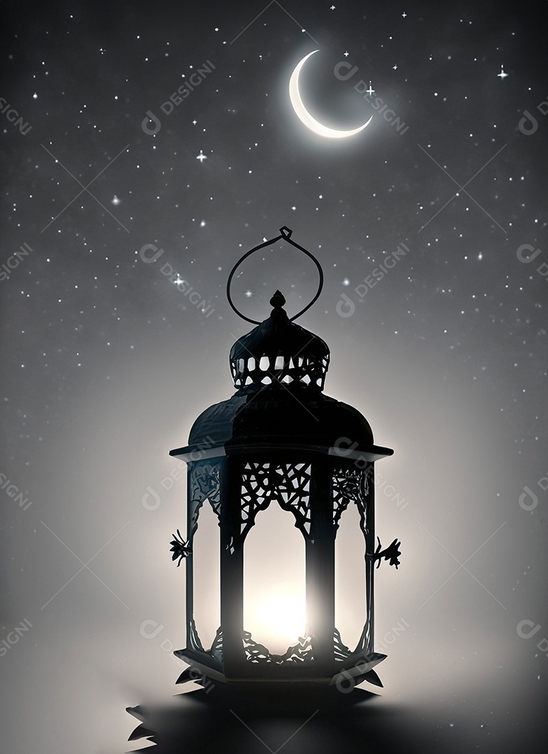Uma lanterna islâmica e as estrelas e lua estão brilhando no céu cinza escuro