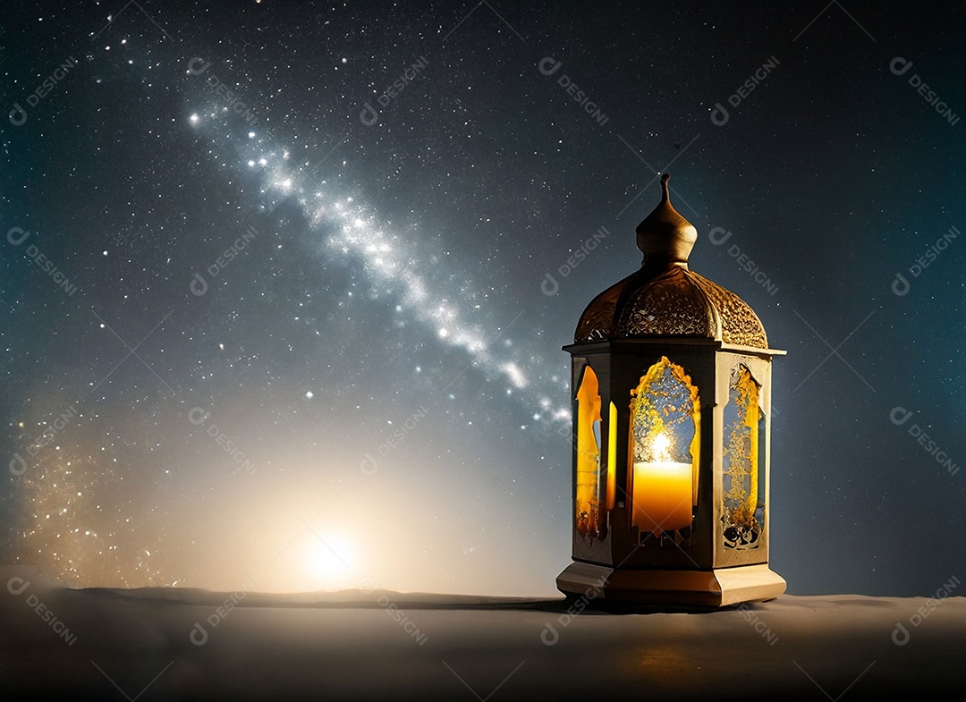 Uma lanterna islâmica E as estrelas estão brilhando no céu Cinza escuro