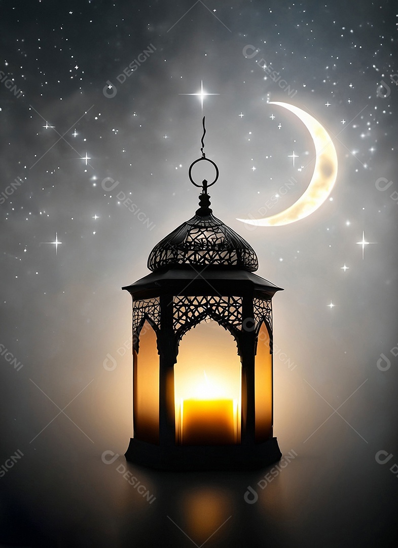Uma lanterna islâmica E as estrelas estão brilhando no céu Cinza escuro