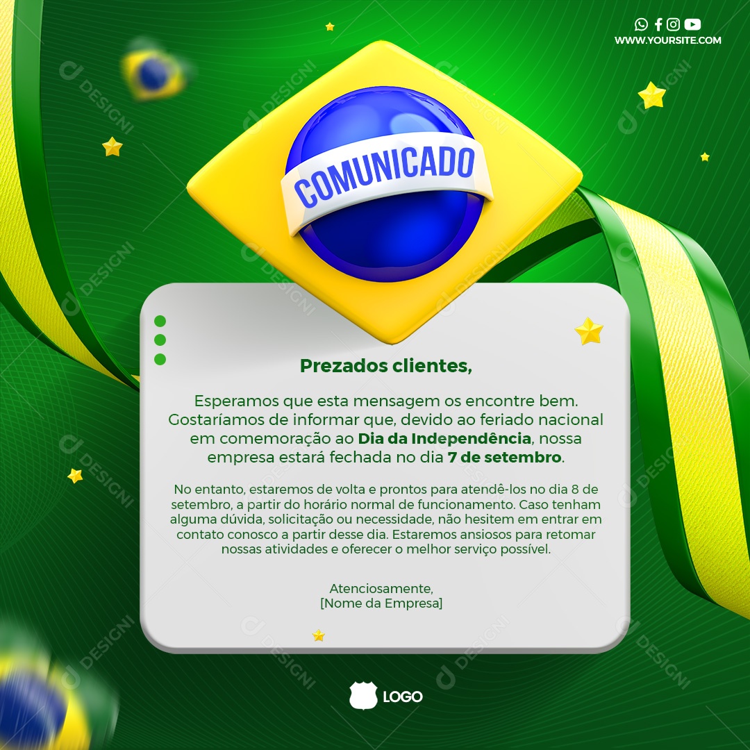 Comunicado Feriado Dia Da Independência Do Brasil Social Media PSD Editável